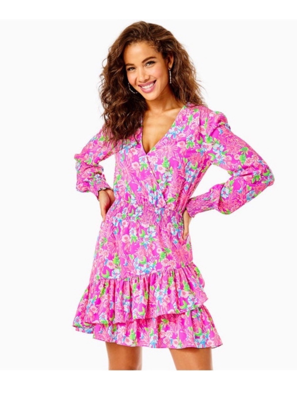 Lilly Pulitzer Pink Floral V-Neck Tiered Mini Dress